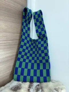 青と緑のチェック柄トートバッグ