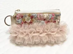 大人気　ハンドメイド　ポーチ　インド刺繍リボン　ヌビ　ハートキルト　チュール付き