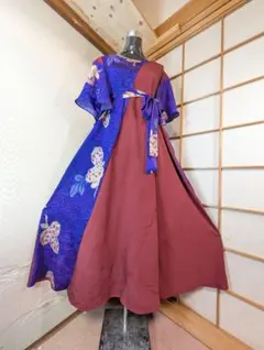 アンティーク着物リメイクワンピース正絹ウエストリボン付き着丈133センチ身幅60