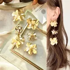 ３連アンティークゴールドフラワーブーケ　ピアス　イヤリング