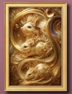 力強く運を運ぶ黄金の使者ネズミ　額縁付き　開運グラフィックアート