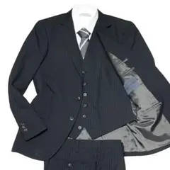 美品 銀座グローバルスタイル 3ピース スーツ ブラック ストライプ オーダー