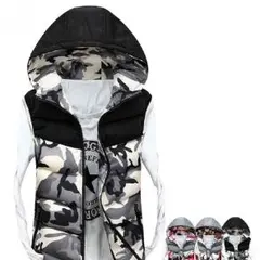 メンズ 迷彩フード付き 中綿 ベスト カモフラ ダウン