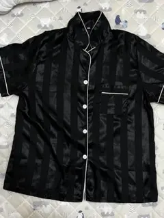 ストライプ柄 サテンパジャマ セットアップ ブラック XL