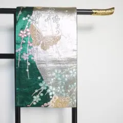 ノ*ン様 袋帯 緑 銀 花 蝶