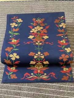 最終価格 レトロ可愛い花柄が素敵な名古屋帯 紺 赤 橙 鶯 インパクトのある花柄