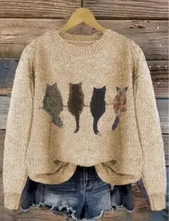 【新品未使用】猫柄　ニットセーターＭ　ウール混　ねこネコ　ベージュ