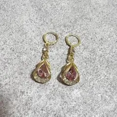 【ピンク】ドロップストーン ゴールドピアス