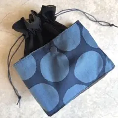 ハンドメイド　バッグ　巾着バッグ　巾着ポーチ　ネイビー　ドット