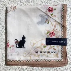 BURBERRY　バーバリー　大判ハンカチ　猫　花柄　ベージュ系　約58cm
