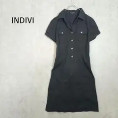 インディヴィ【L】ベルト付きシャツワンピース　ブラック　コットン　a5708