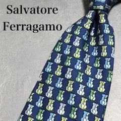 美品　フェラガモ　ネクタイ　ネイビー　ブルー　シルク　総柄　i47