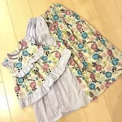 母子リンクコーデ！北欧風花柄フリル付きワンピース&スカートセット