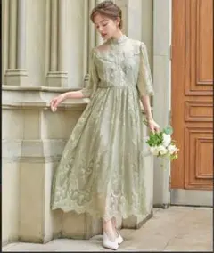 【2L】総レースハイネックスカラップフレアロング丈結婚式ワンピースドレス