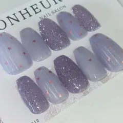 70【韓国ネイル ネイルチップ ラメ パープル ハート キラキラ 可愛い 】