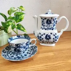 昭和レトロ トリ柄 染付 ティーポット＆カップ＆ソーサー 伝統 