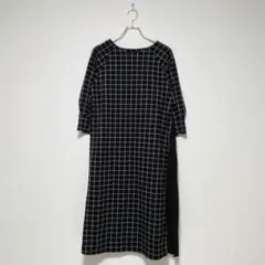 【イノウェーブ】チェック柄 七分袖 ロングワンピース Mのサムネイル
