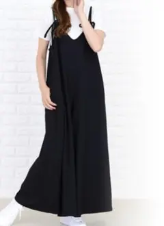 肩紐リボンが可愛いサロペット　ワイドパンツ　肩紐調節可能　黒