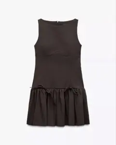 ZARA リボン付きショート丈ワンピース ブラウン