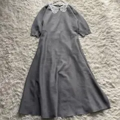 美品 すグリーンレーベル 襟レース 2WAY 5分袖 ニット ワンピース グレー