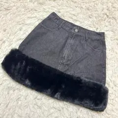 GRL✨美品　デニムミニスカート　裾ファー　タイト　華やか　ブラック　（M）