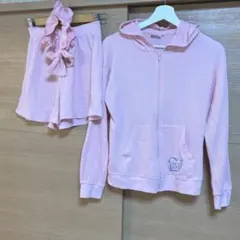ピンク フード付きジップアップパーカーとショートパンツセット