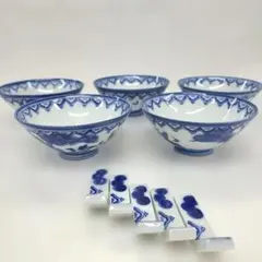 有田焼　鍋島焼 染付け　唐子遊図　飯椀　お茶碗　箸置き　5点セット
