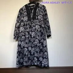 ローラアシュレイ ミモレ丈ワンピース 紺x花柄xレース M