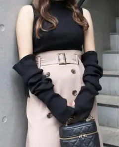 3WAY袖ボタンノースリニット リブニット ノースリーブ アームウォーマー（黒）