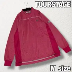 【TOURSTAGE】ゴルフ ハーフジップシャツ ロゴ刺繍 赤系 ボーダー柄 M