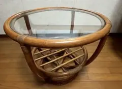 昭和レトロ】ラタン サイドテーブル ガラステーブル 籐家具
