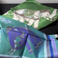 エスニックデザインの象柄スカーフ グリーン、ターコイズブルー２枚セット