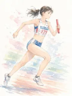 c1341_バトンを手に駆ける陸上選手 淡い青と赤の水彩背景 爽やかな躍動感を飾