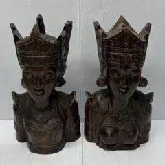 【置物】インドネシア バリ島 木彫り 女神 神様 2体セット ペア胸像 彫刻