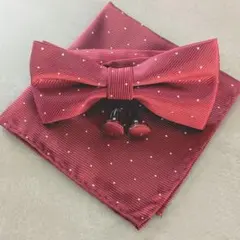 蝶ネクタイ　チーフ　カフス　赤 ワインレッド　ドット　結婚式　披露宴