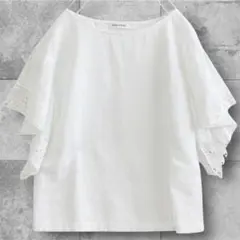 【美品】BABYLONE レース袖 半袖ブラウス ホワイト フレア袖 コットンのサムネイル