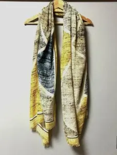 春色ストール 大きめ　ミモザ色×グレー×ブルー マスタードイエロー大判ショール