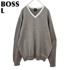 【美品】 BOSS 長袖ニット ウール Vネック L グレーブラウン 総柄のサムネイル