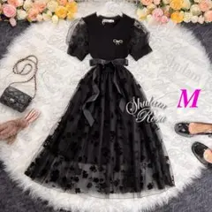 【即日発送】レースとチュールがふんわり重なるドッキングワンピ♡小花柄♡黒色♡M