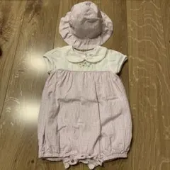 Next Baby 花柄　薄紫チェックロンパース&帽子6-9mths 約70cm