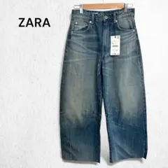 ザラ タグ付き デニム ワイドパンツ ジーンズ バレルレッグ 色落ち 32