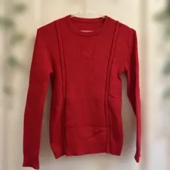 赤リブ編み長袖セーター刺繍デザイン