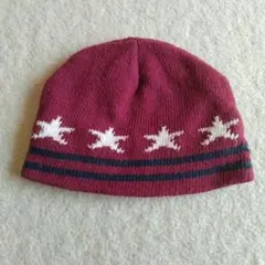 星柄 ストライプ ワインレッドニット帽　帽子　キャップ　スキー　スノボー