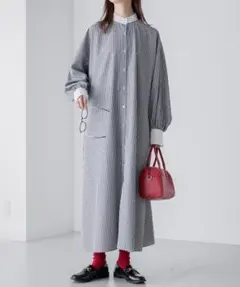 ボリュームスリーブ バンドカラーマルチストライプロングシャツワンピース