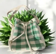 【春色】ギンガムチェック 2WAY 巾着ショルダーバッグ（グリーン）