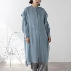 Bonjour Sagan バンドカラーデザインシャツワンピース　ブルー