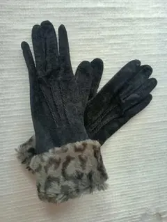 【美品】レオパード柄ファー付きスエード手袋 黒 約27cm