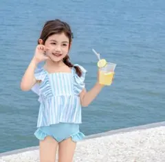 120 水着 セパレート ストライプ フリル ガーリー 女の子 ブルー 水色