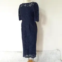 美品♡タダシショージ レース モックネック カクテルドレス 膝丈 紺 4P