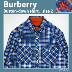 【バーバリー】ボタンダウン　チェック柄　刺繍ロゴ　長袖シャツ　コーデュロイ襟　2